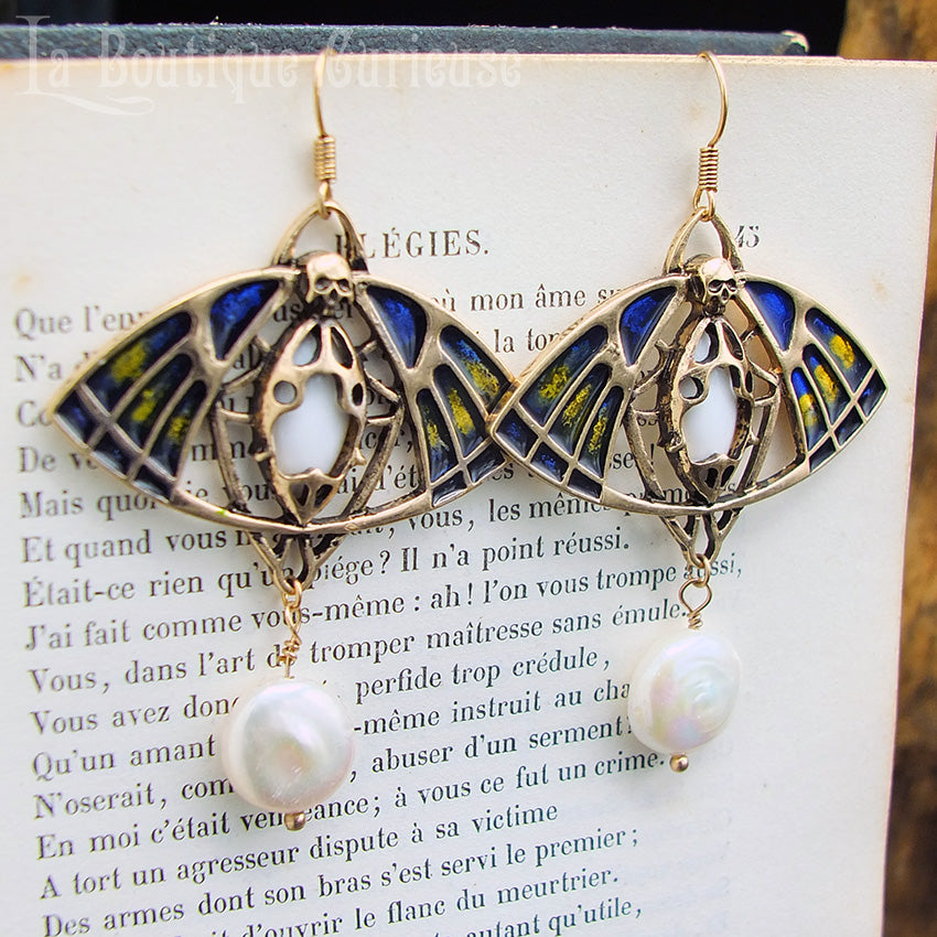 Boucles d'oreilles pendantes Art Nouveau argent et bleu ou vert