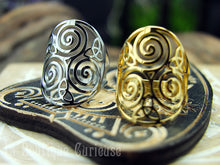 Load image into Gallery viewer, Bague ajustable acier Triskel et Triquetra - argentée ou dorée
