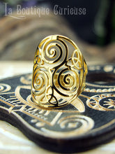Load image into Gallery viewer, Bague ajustable acier Triskel et Triquetra - argentée ou dorée