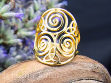 Load image into Gallery viewer, Bague ajustable acier Triskel et Triquetra - argentée ou dorée