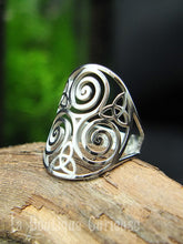 Load image into Gallery viewer, Bague ajustable acier Triskel et Triquetra - argentée ou dorée