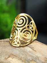 Load image into Gallery viewer, Bague ajustable acier Triskel et Triquetra - argentée ou dorée