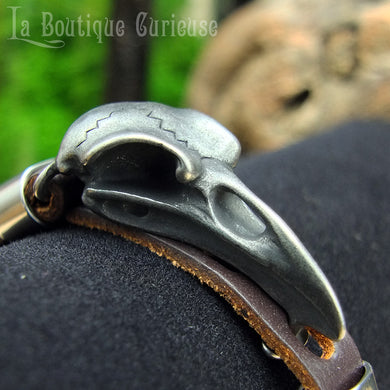 Bracelet ajustable crâne de corbeau cuir et acier
