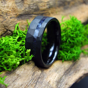 Bague noire mat homme alliance tungstène mate  inoxydable pierre de nuit originale anneau Toulouse France