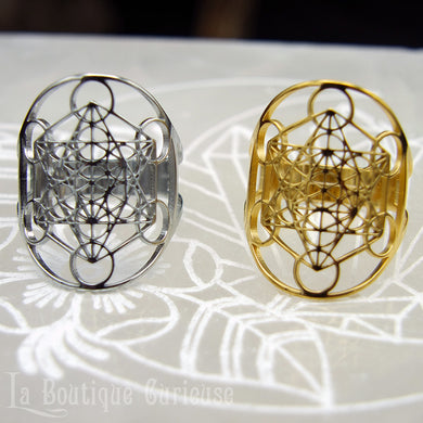 Bague ajustable protection énergies négatives cube de Metatron, protection énergétique, bijoux ésotériques Toulouse France, bague argent or acier inoxydable femme.