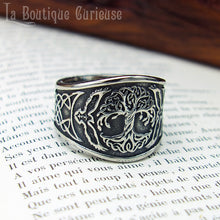 Charger l&#39;image dans la galerie, Bague viking nordique homme et femme arbre Yggdrasil et corbeaux d&#39;Odin Hugin et Munin Toulouse France