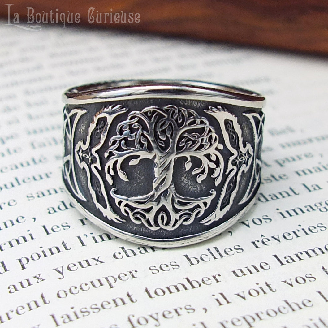 Bague viking nordique homme et femme arbre Yggdrasil et corbeaux d'Odin Hugin et Munin Toulouse France