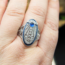 Charger l&#39;image dans la galerie, Bague style art déco années folles scarabée stylisé argent bleu. Bague style retro vintage années 20 look steampunk.