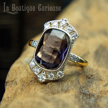 Charger l&#39;image dans la galerie, Bague style retro vintage art déco imitation améthyste et diamants plaquée or et argent, taille pierre marquise. Bijoux vintage Toulouse France.