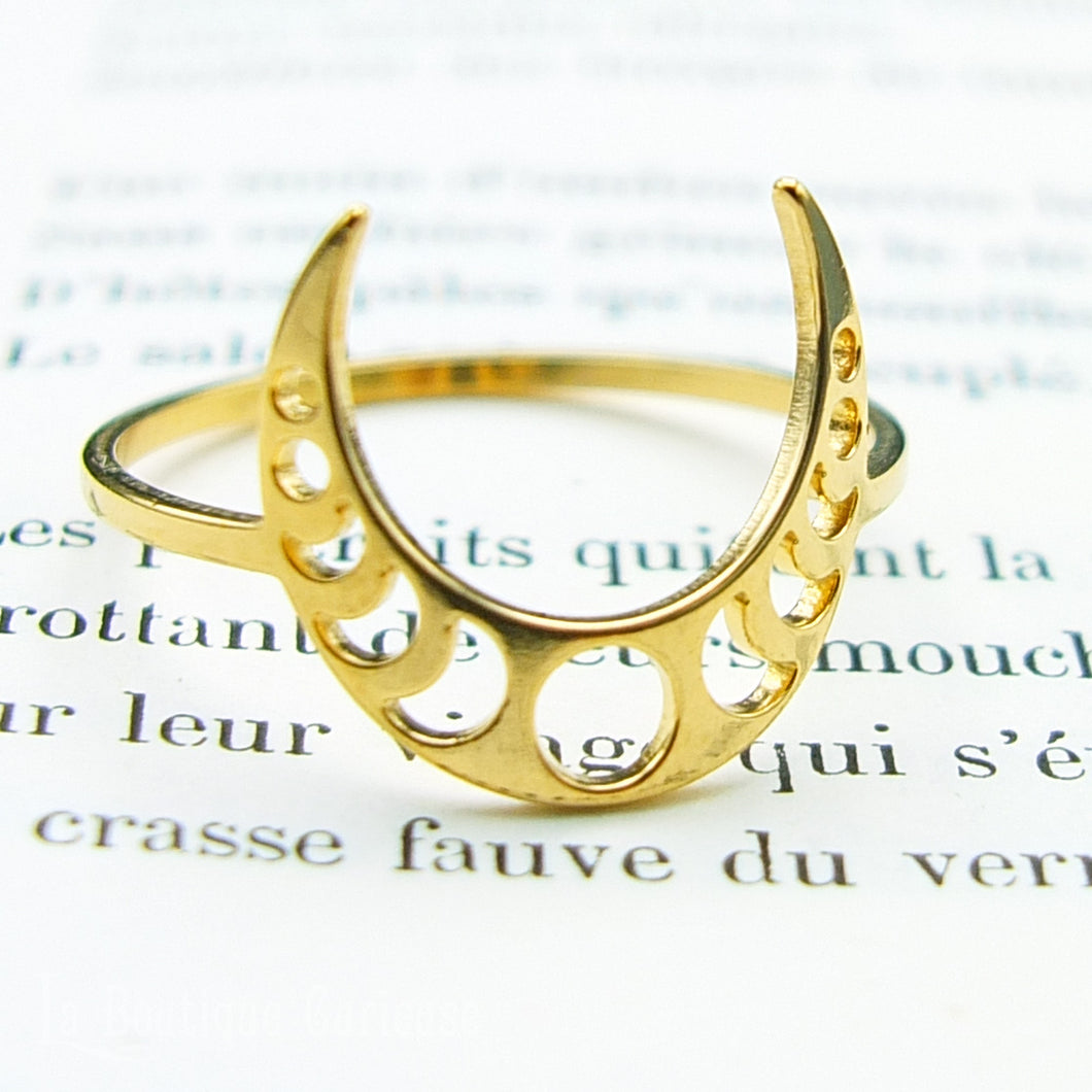 Bague femme acier or croissant de lune et phases de la lune. Bague magie wicca rituel féminin sacré fertilité. Bague ésotérique sorcière Toulouse pleine lune