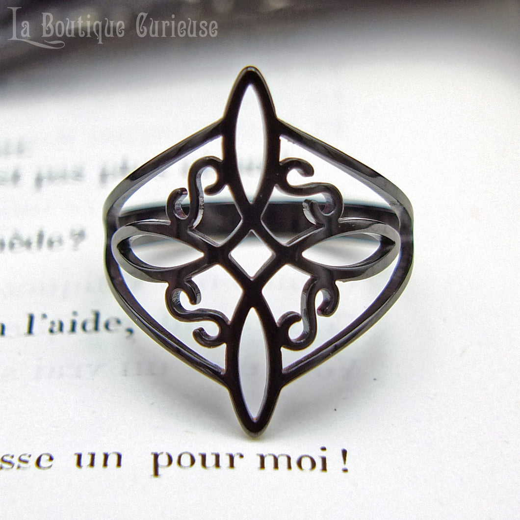 Bague femme noire noeud de sorcière acier. Protection puissante, symbole recharge énergétique, bague ésotérique wicca magie gothique. Bijoux ésotériques Toulouse