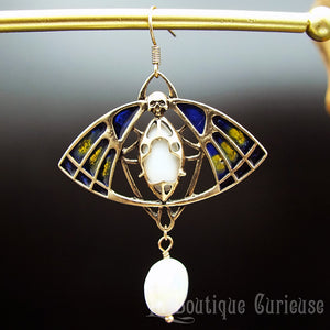 Boucles d'oreilles papillon style art nouveau et perle d'eau douce