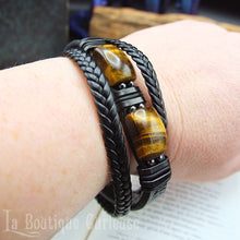 Charger l'image dans la galerie, Bracelet homme en cuir noir acier et oeil de tigre, protection lithothérapie 