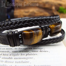 Charger l'image dans la galerie, Bracelet homme tressé en cuir noir et oeil de tigre, pouvoir de protection et de confiance en soi, ancrage et apaisement lithothérapie