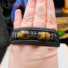 Charger l'image dans la galerie, Bracelet protection puissante pouvoir des pierres, cuir noir et oeil de tigre