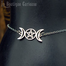 Laden Sie das Bild in den Galerie-Viewer, Bracelet femme acier ajustable argent triple lune déesse wicca pagan, force et féminité, symbole de sorcière. Bijoux wicca ésotérique pas chers Toulouse.