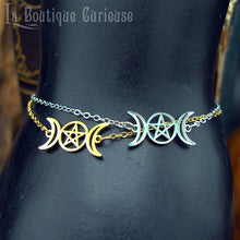 Laden Sie das Bild in den Galerie-Viewer, Bracelet femme acier ajustable argent ou or triple lune déesse wicca pagan, force et féminité, symbole de sorcière. Bijoux wicca ésotérique pas chers Toulouse.