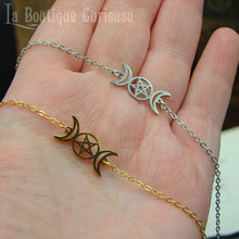 Laden Sie das Bild in den Galerie-Viewer, Bracelet femme acier ajustable argent ou or triple lune déesse wicca pagan, force et féminité, symbole de sorcière. Bijoux wicca ésotérique pas chers Toulouse.
