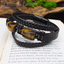 Charger l'image dans la galerie, Bracelet en cuir noir et pierre oeil de tigre, 3 rangées, style masculin moderne, cadeau homme