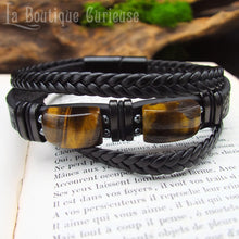 Charger l'image dans la galerie, Bracelet en cuir noir et oeil de tigre, pouvoir de protection et de confiance en soi.