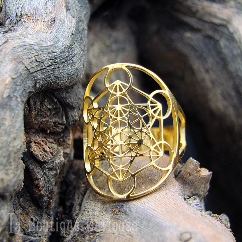 Bague ajustable Cube de Metatron en acier - couleurs or ou argent