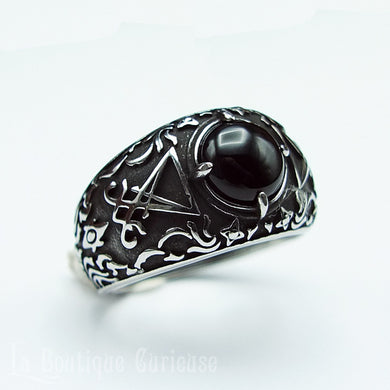 Chevalière Lux Tenebris en acier et obsidienne