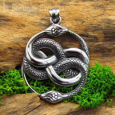 Pendentif collection film Histoire sans fin serpents enlacés Auryn, style Ouroboros. Grand pendentif gothique acier homme et femme. Cadeau geek fan de cinéma.