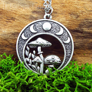 Pendentif rond automne champignons cycle lune féminin sacré magie lunaire forêt wicca Hécate esprit gothique + chaîne acier