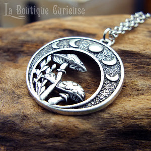 Pendentif rond automne champignons cycle lune féminin sacré magie lunaire forêt wicca Hécate esprit gothique + chaîne acier