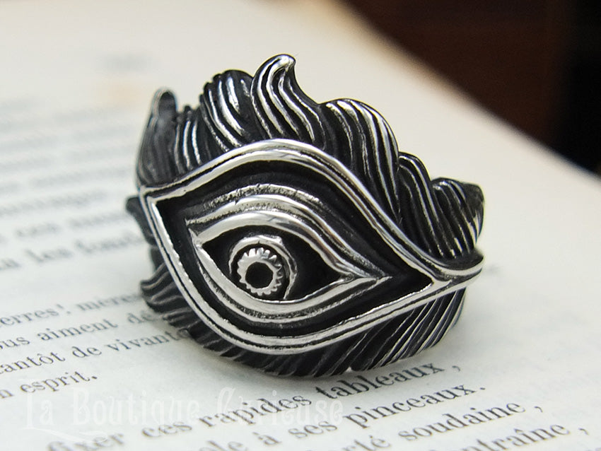 Bague Oeil plume de paon en acier taille 69 FR / 13 US
