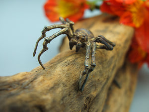 Pendentif gothique araignée réaliste en bronze fait main France. Pendentif artisanal Toulouse mygale tarentule pour homme et femme bue tête face chélicères crochets